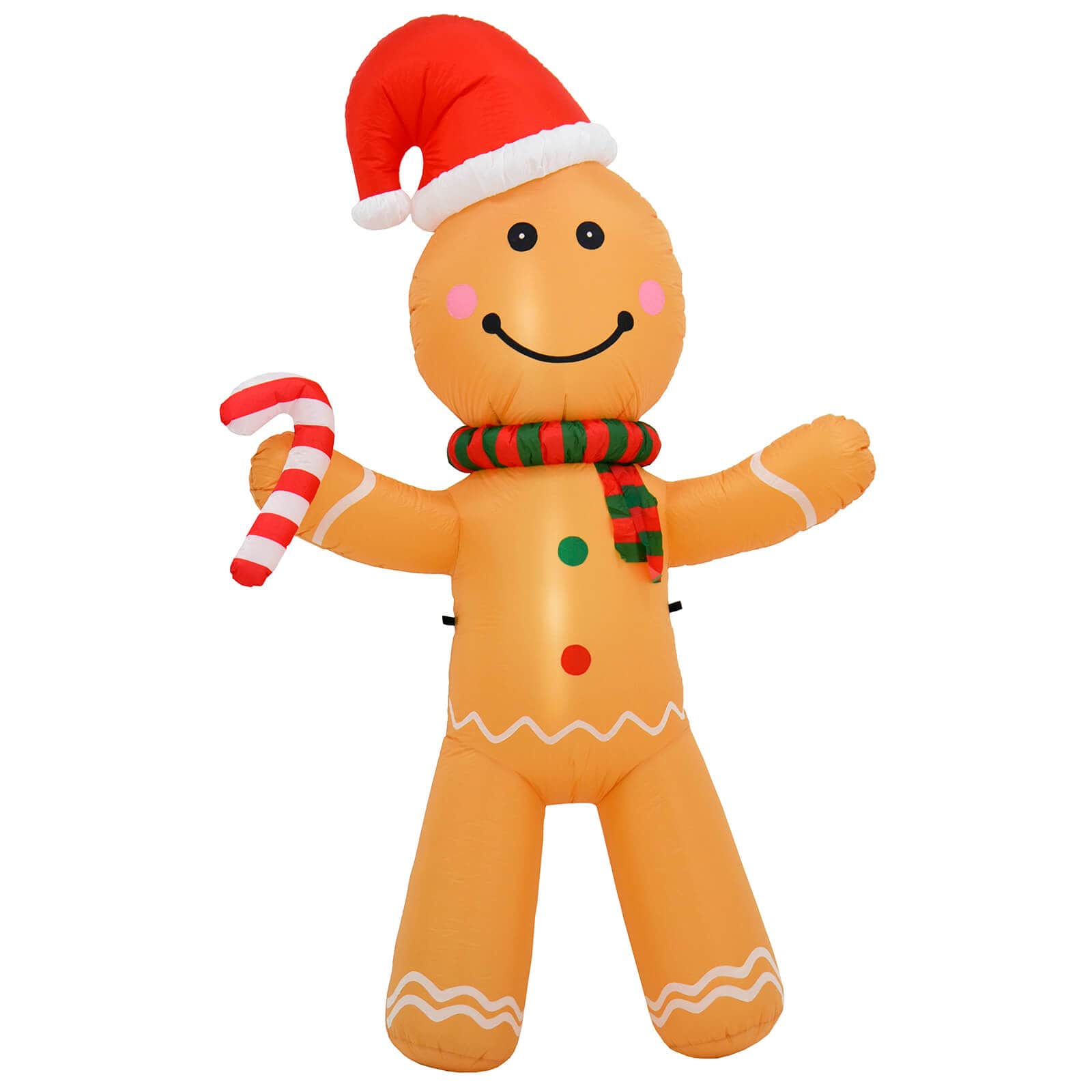 Large Christmas inflatable gingerbread figure with Santa hat, red and green scarf, and holding a striped candy cane